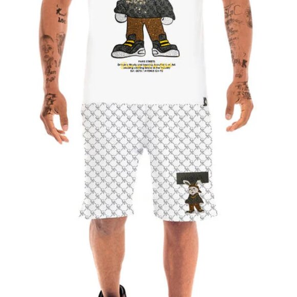 Avenue George V Paris Short Set Men's White 2 piece set Rabbit Rhinestone 2XL - Picture 5 of 8